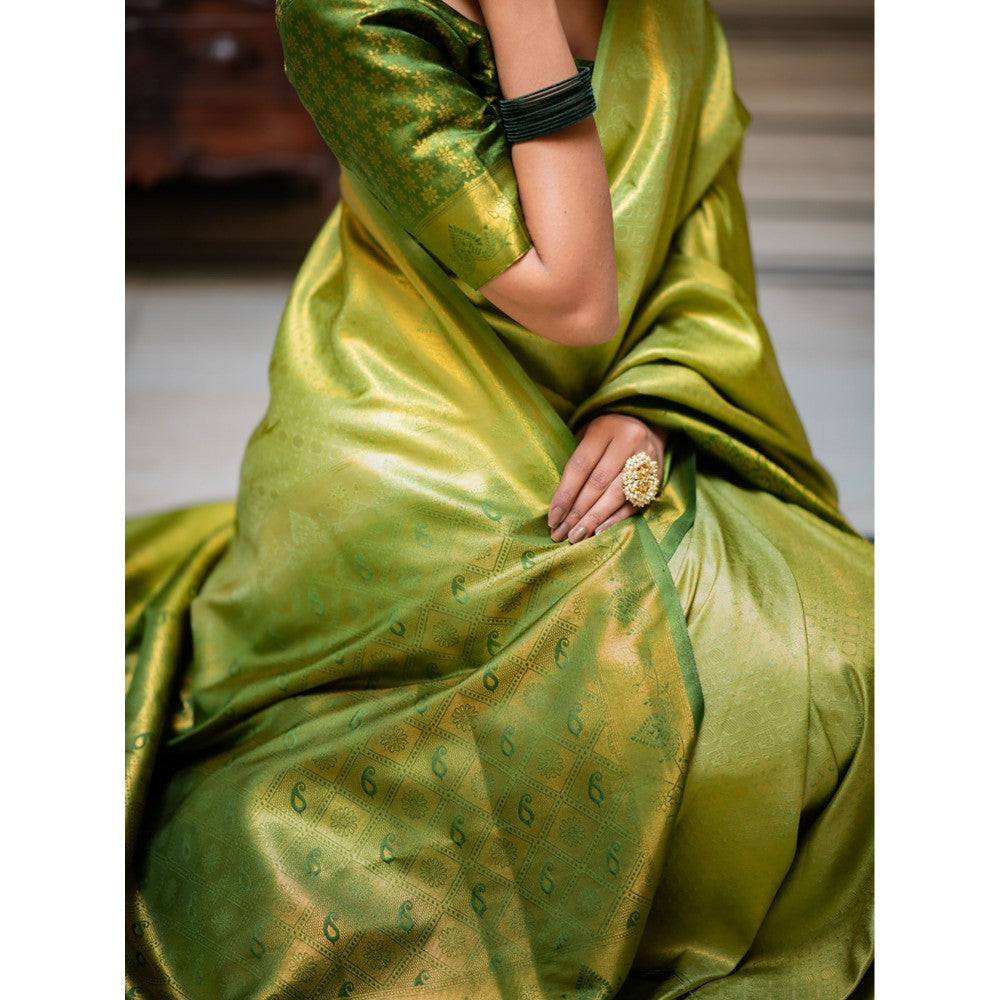 ZILIKAA Parrot Green Kanjeevaram Silk Saree with Unstitched Blouse