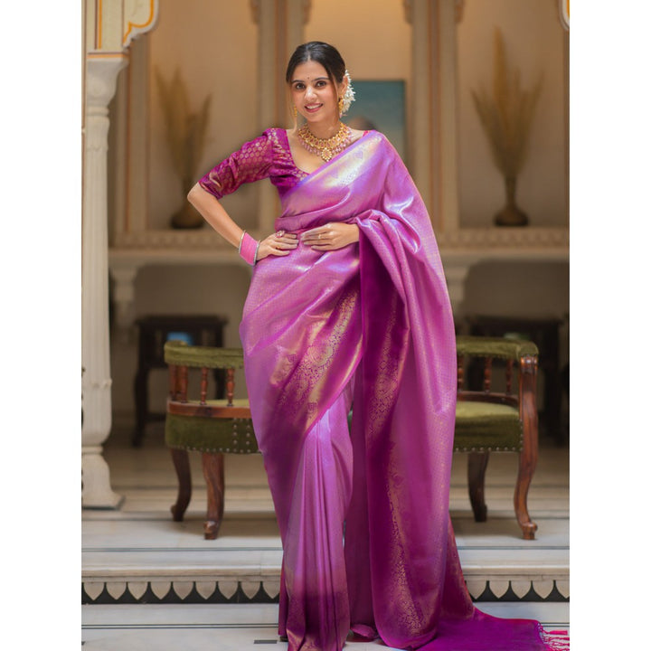 ZILIKAA Purple Kanjeevaram Silk Saree with Unstitched Blouse