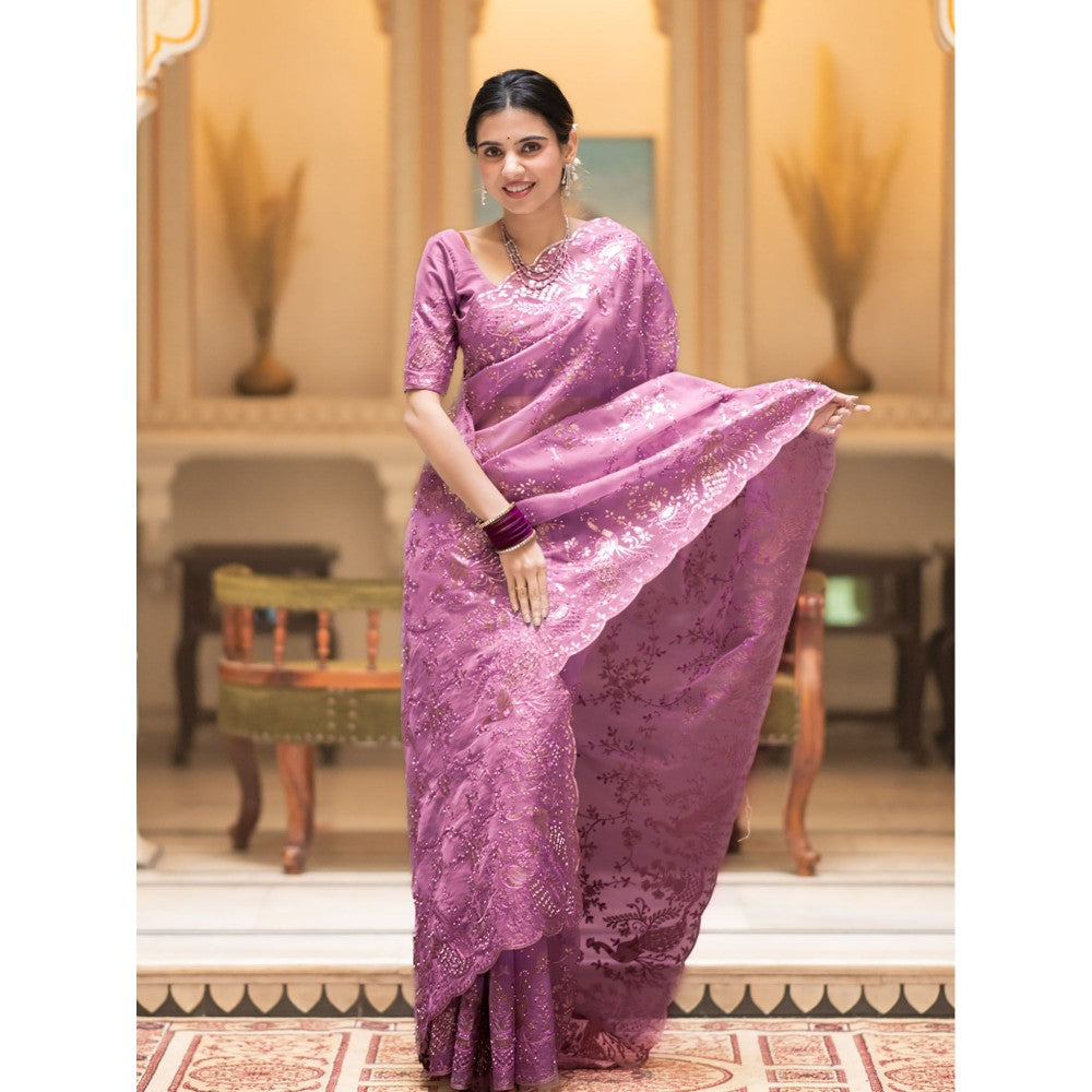 ZILIKAA Purple Embroidery French Silk Saree with Unstitched Blouse