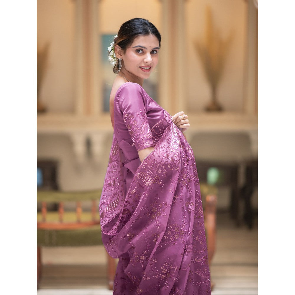 ZILIKAA Purple Embroidery French Silk Saree with Unstitched Blouse