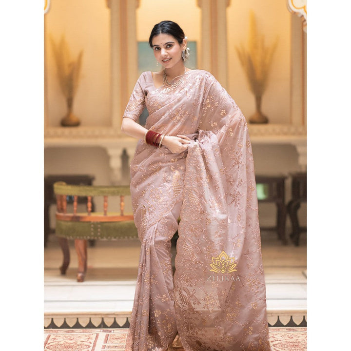 ZILIKAA Orchid Peach Embroidery French Silk Saree with Unstitched Blouse
