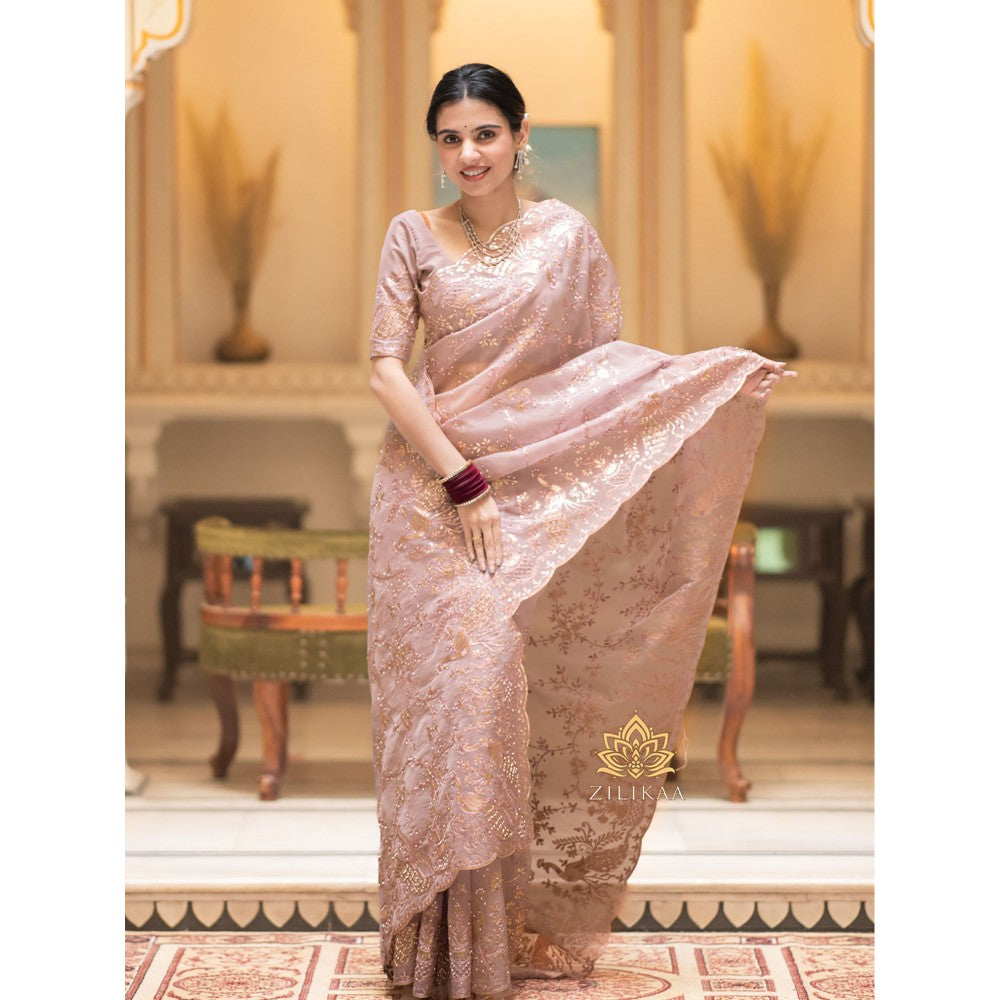 ZILIKAA Orchid Peach Embroidery French Silk Saree with Unstitched Blouse