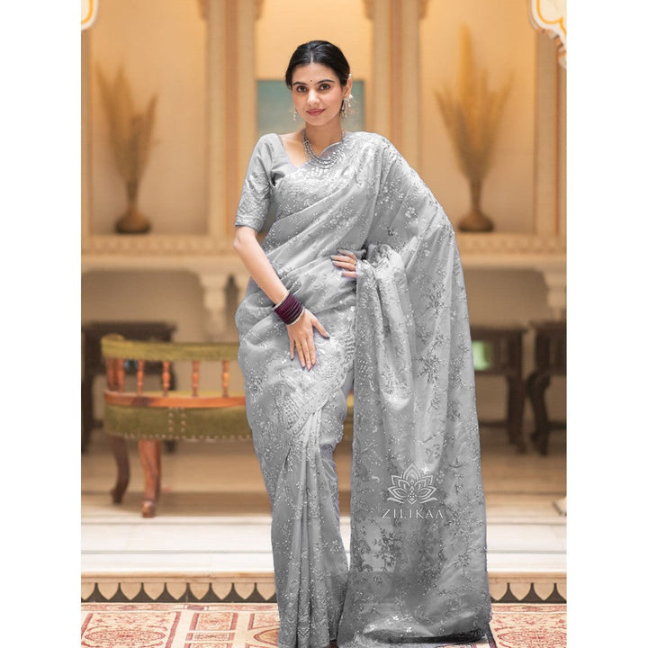 ZILIKAA Smoky Grey Embroidery French Silk Saree with Unstitched Blouse