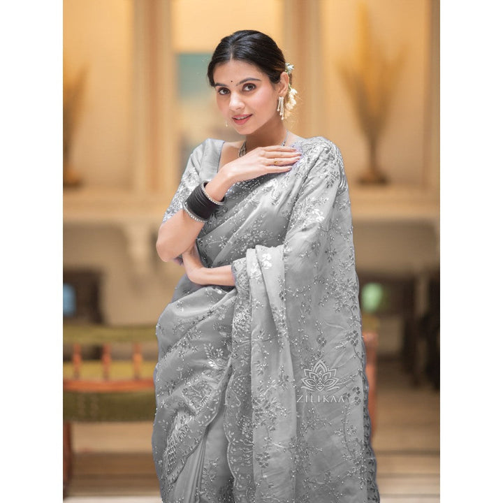 ZILIKAA Smoky Grey Embroidery French Silk Saree with Unstitched Blouse