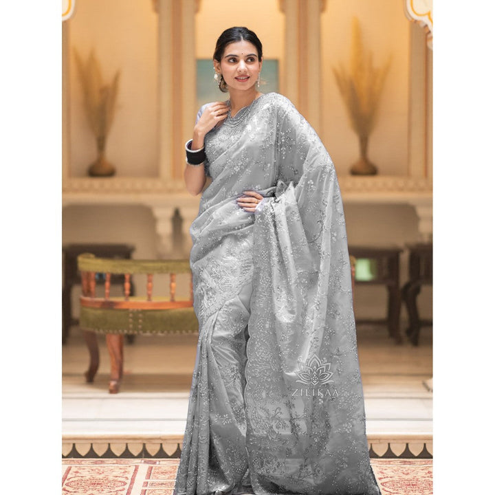 ZILIKAA Smoky Grey Embroidery French Silk Saree with Unstitched Blouse