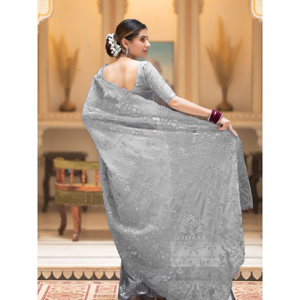 ZILIKAA Smoky Grey Embroidery French Silk Saree with Unstitched Blouse