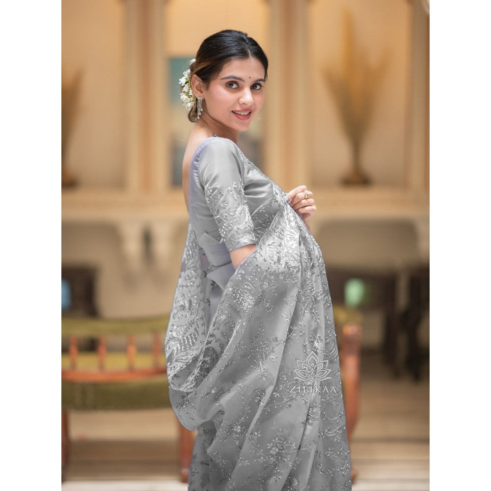 ZILIKAA Smoky Grey Embroidery French Silk Saree with Unstitched Blouse