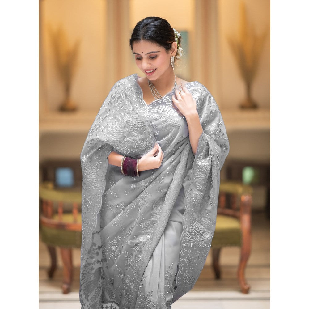 ZILIKAA Smoky Grey Embroidery French Silk Saree with Unstitched Blouse