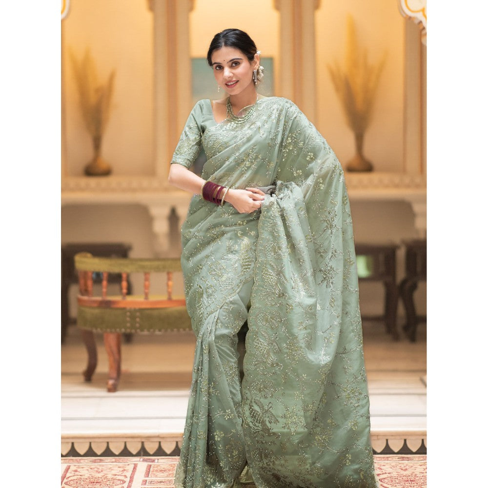 ZILIKAA Fern Green Embroidery French Silk Saree with Unstitched Blouse
