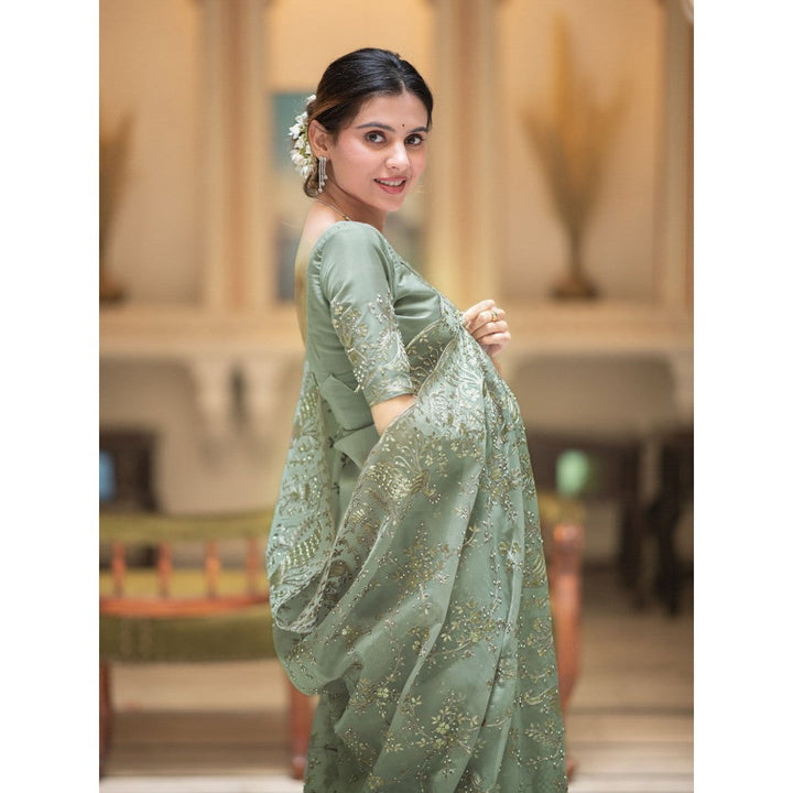 ZILIKAA Fern Green Embroidery French Silk Saree with Unstitched Blouse