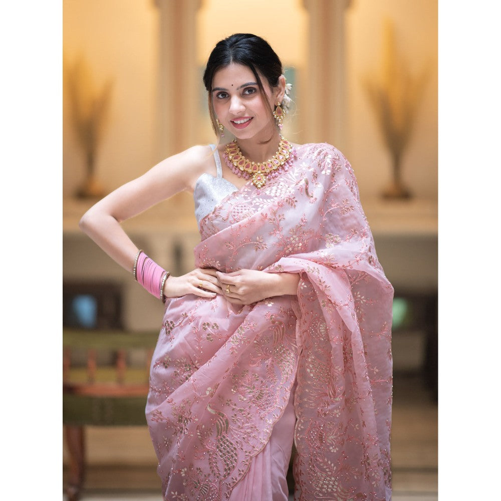 ZILIKAA Salmon Pink Embroidery French Silk Saree with Unstitched Blouse