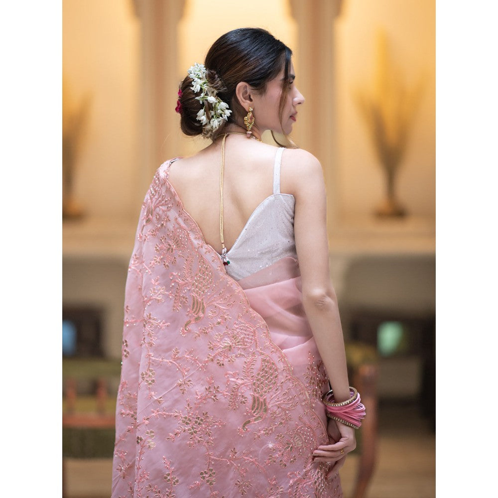 ZILIKAA Salmon Pink Embroidery French Silk Saree with Unstitched Blouse
