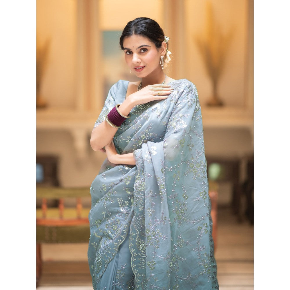 ZILIKAA Aqua Blue Embroidery French Silk Saree with Unstitched Blouse