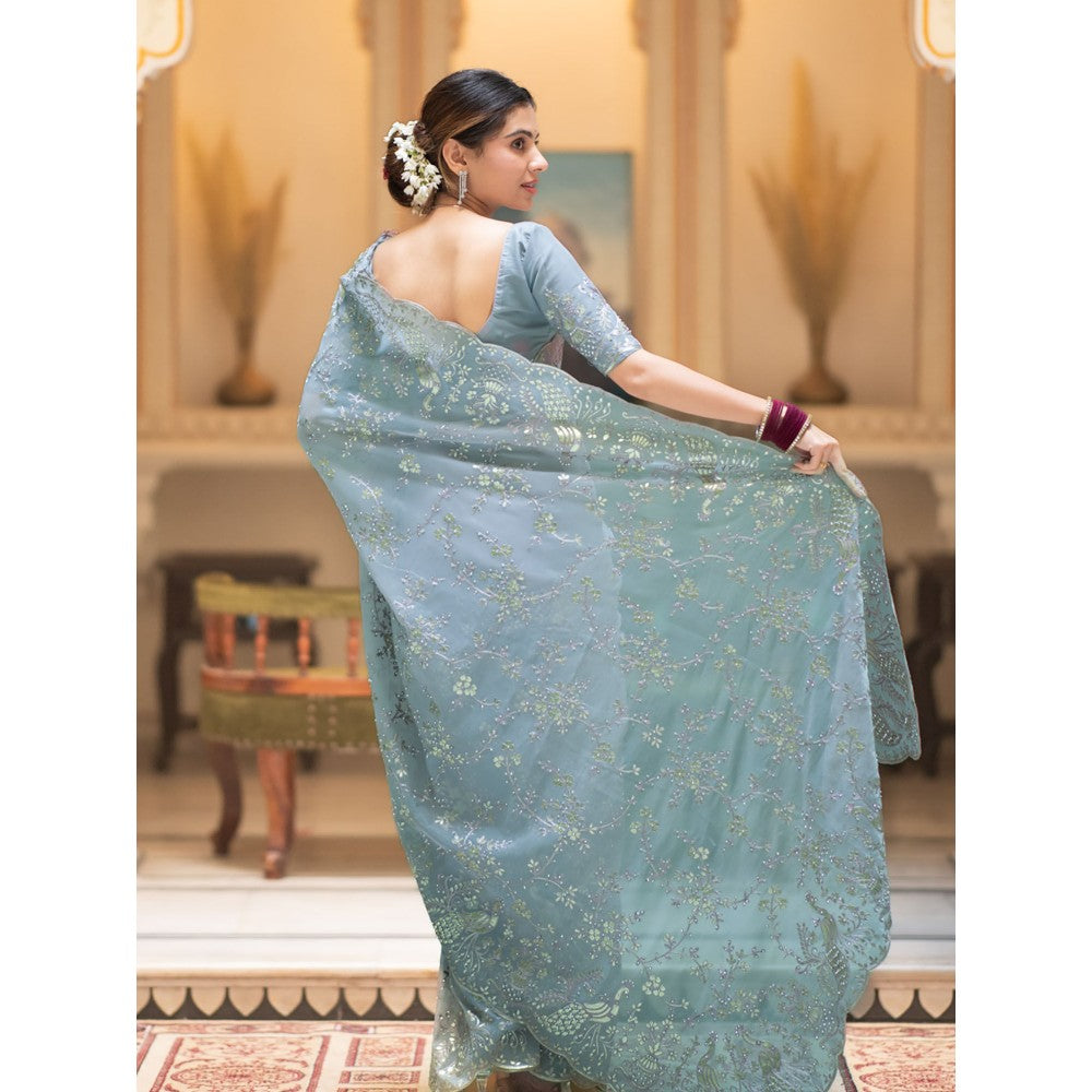 ZILIKAA Aqua Blue Embroidery French Silk Saree with Unstitched Blouse