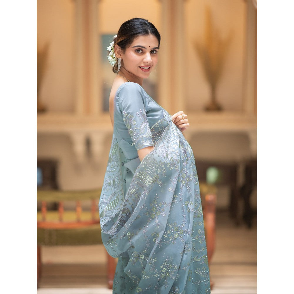 ZILIKAA Aqua Blue Embroidery French Silk Saree with Unstitched Blouse