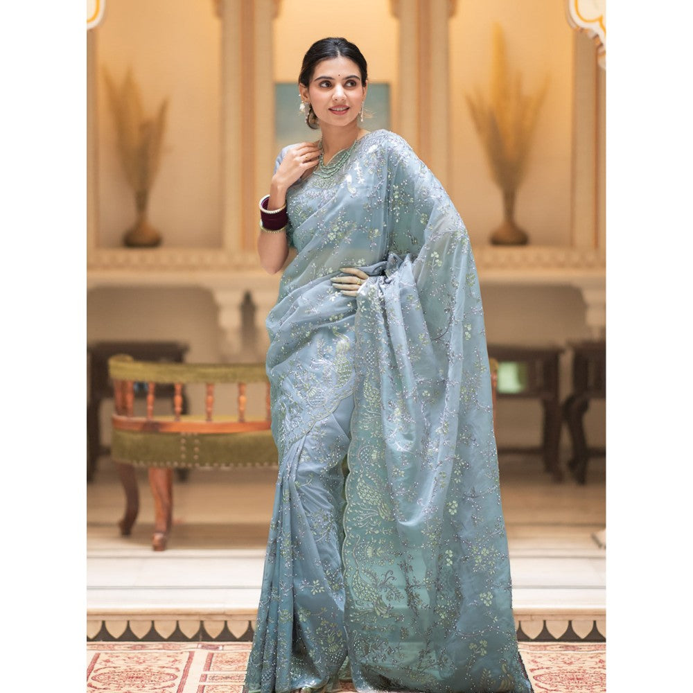 ZILIKAA Aqua Blue Embroidery French Silk Saree with Unstitched Blouse