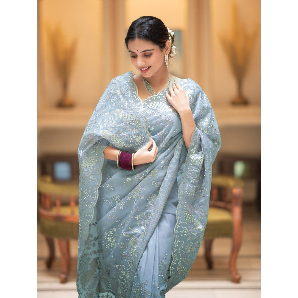 ZILIKAA Aqua Blue Embroidery French Silk Saree with Unstitched Blouse