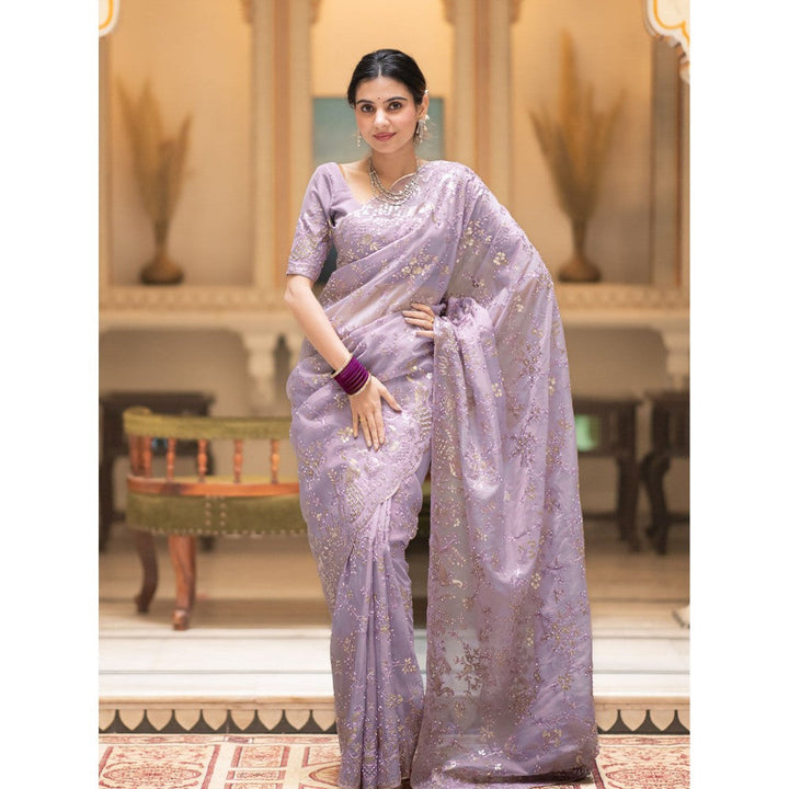 ZILIKAA Lavender Embroidery French Silk Saree with Unstitched Blouse