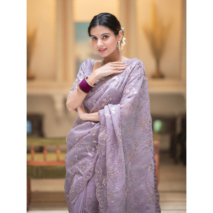 ZILIKAA Lavender Embroidery French Silk Saree with Unstitched Blouse