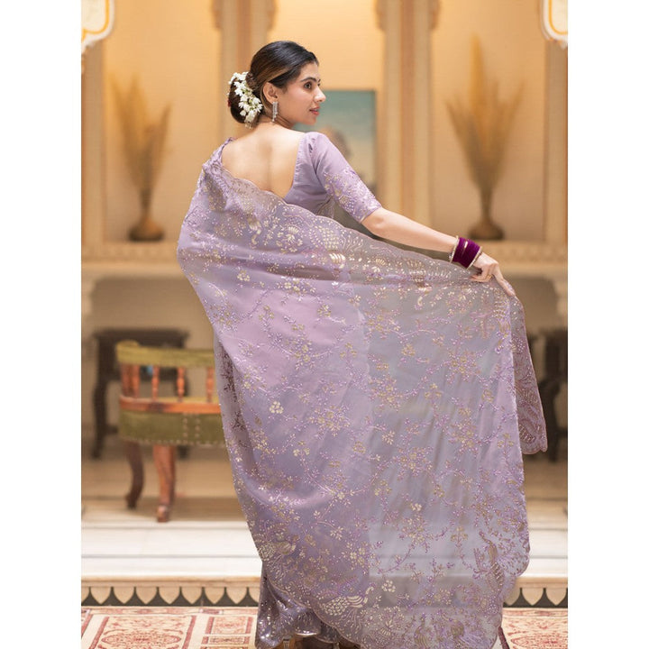 ZILIKAA Lavender Embroidery French Silk Saree with Unstitched Blouse