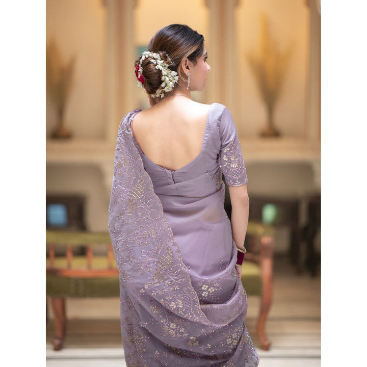 ZILIKAA Lavender Embroidery French Silk Saree with Unstitched Blouse