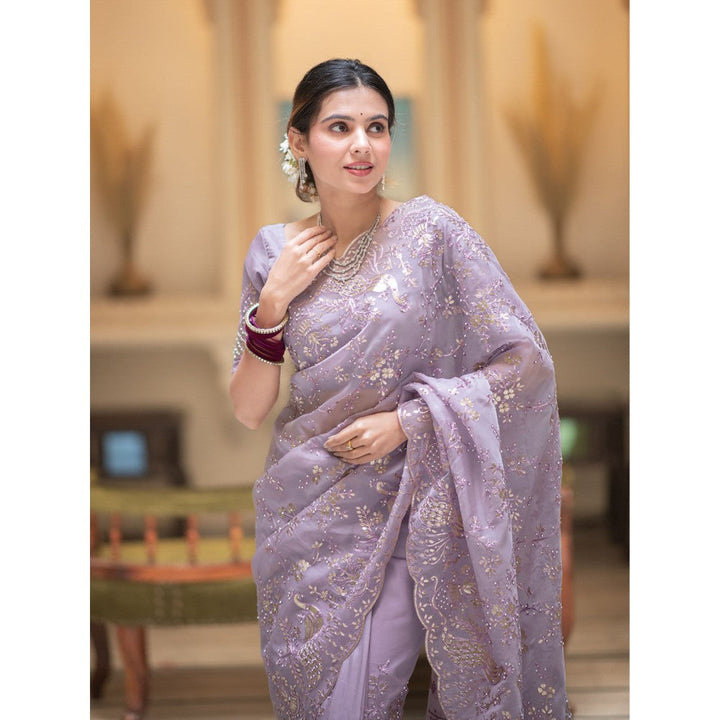 ZILIKAA Lavender Embroidery French Silk Saree with Unstitched Blouse