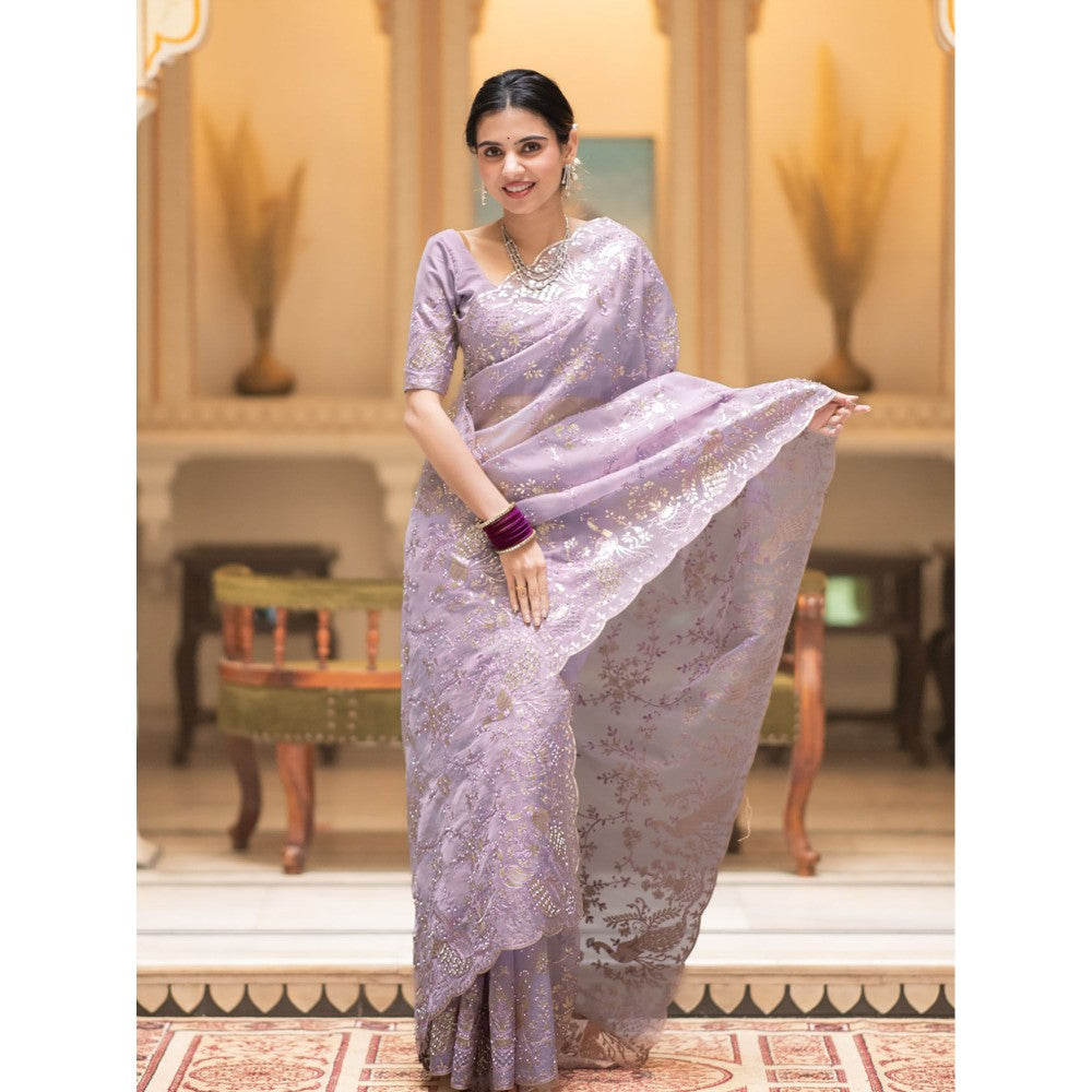 ZILIKAA Lavender Embroidery French Silk Saree with Unstitched Blouse