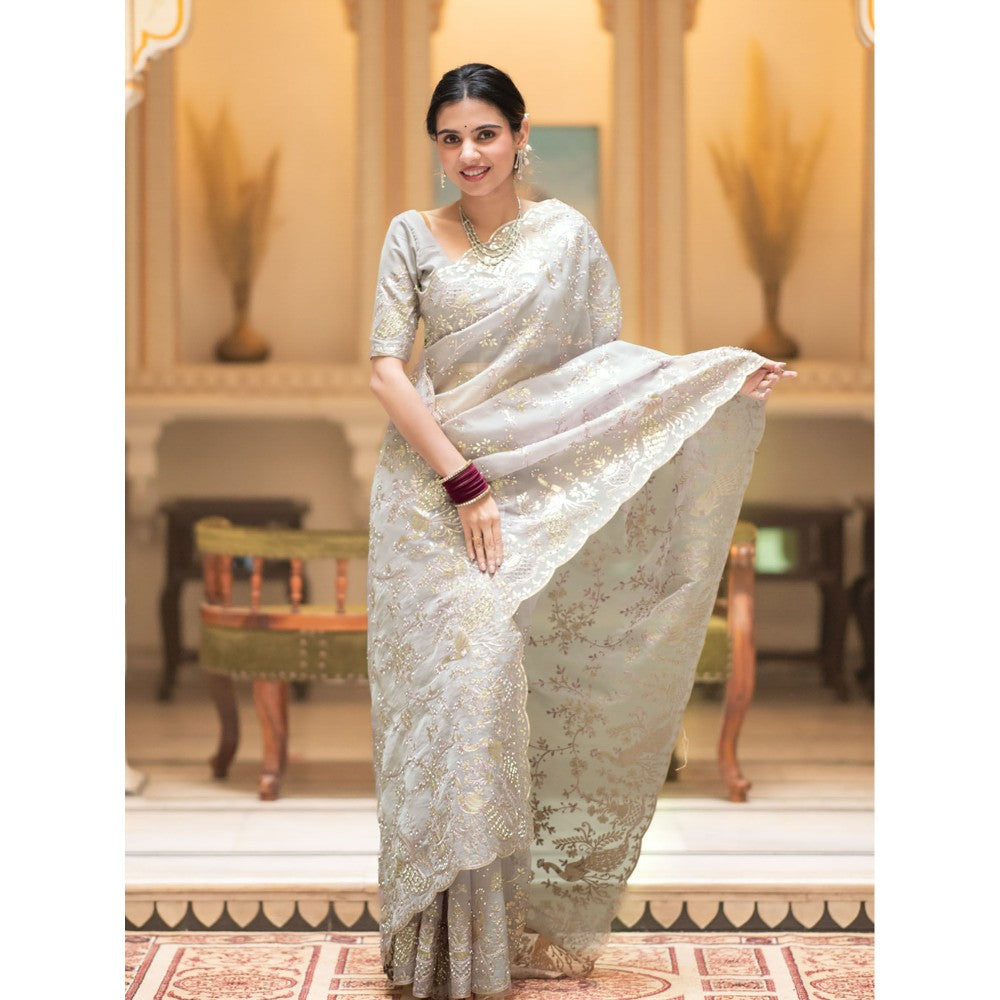 ZILIKAA Off White Embroidery French Silk Saree with Unstitched Blouse