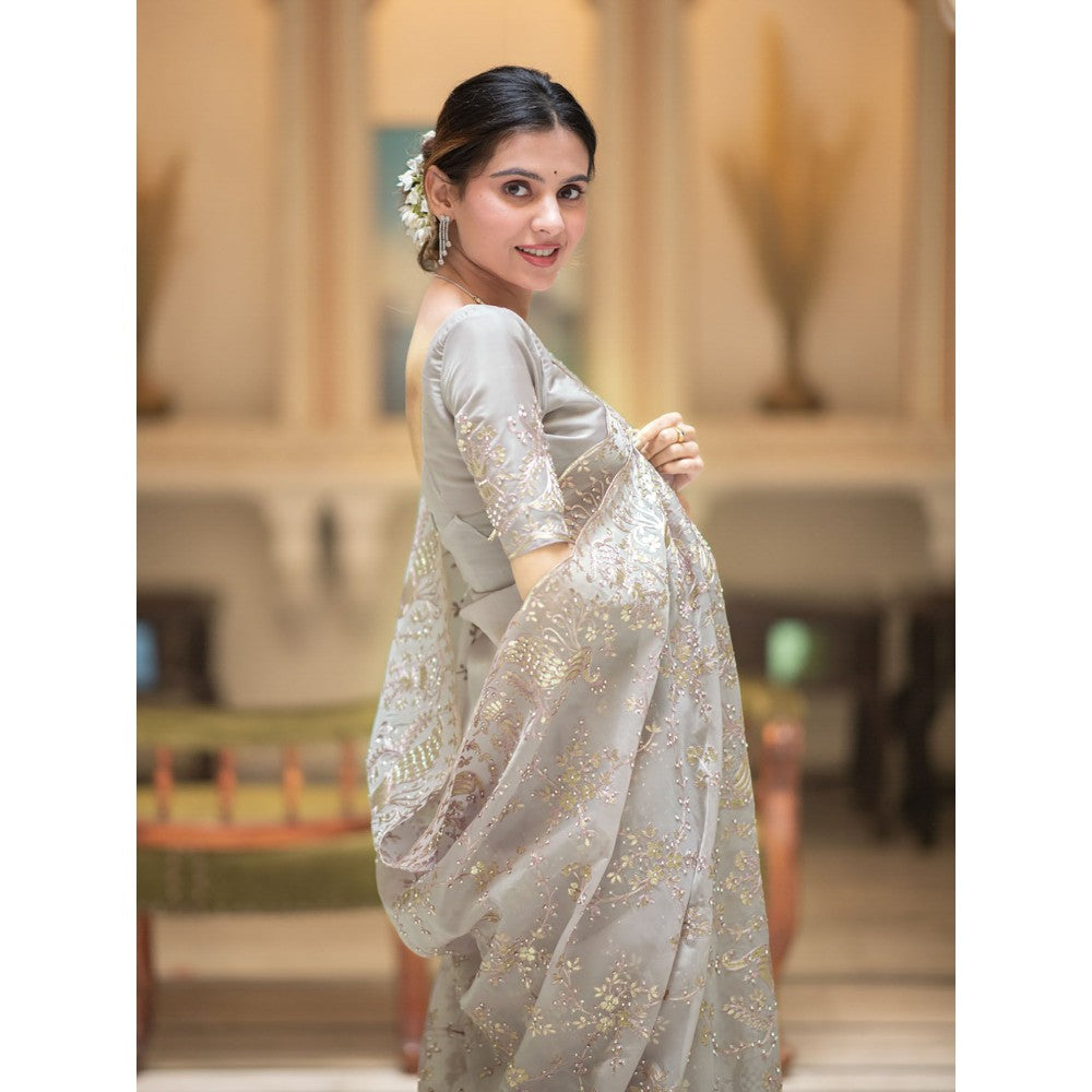 ZILIKAA Off White Embroidery French Silk Saree with Unstitched Blouse