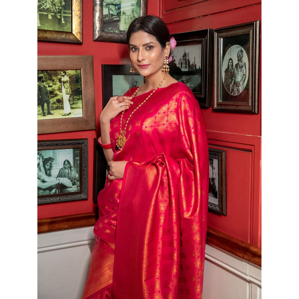 ZILIKAA Red Special Kanjeevaram Silk Saree with Unstitched Blouse