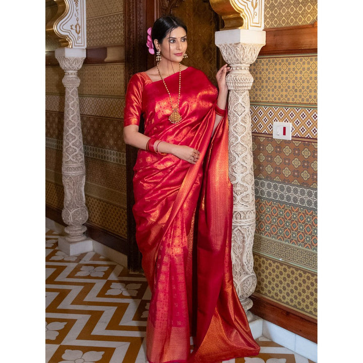 ZILIKAA Red Special Kanjeevaram Silk Saree with Unstitched Blouse