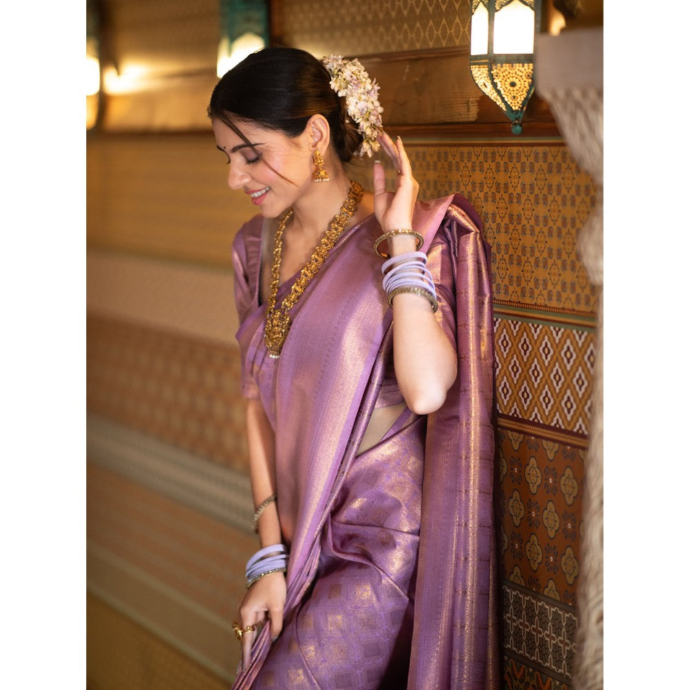 ZILIKAA Lavender Kanjeevaram Silk Saree with Unstitched Blouse