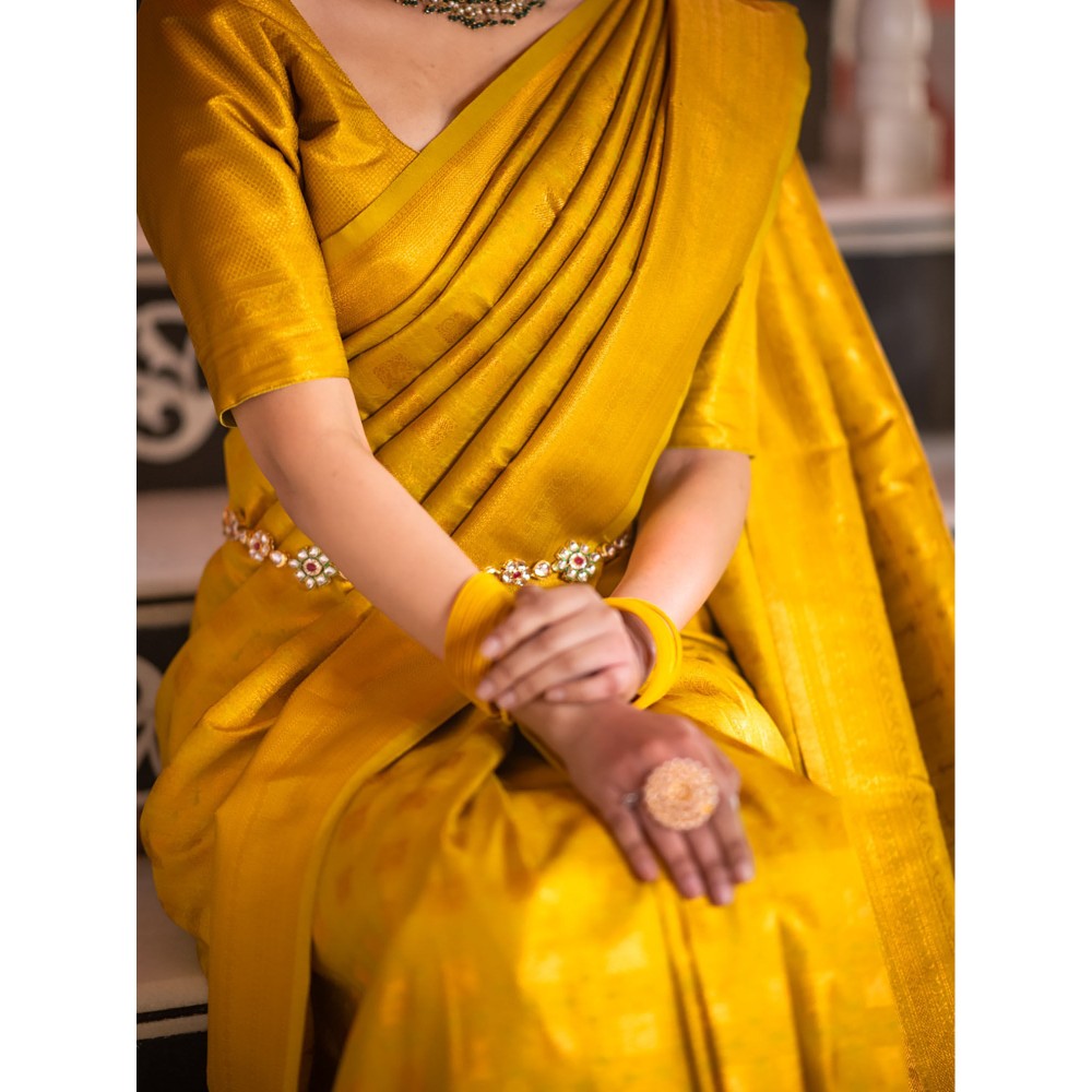 ZILIKAA Mustard Yellow Kanjeevaram Silk Saree with Unstitched Blouse