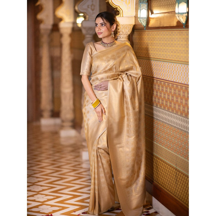 ZILIKAA Golden Special Kanjeevaram Silk Saree with Unstitched Blouse