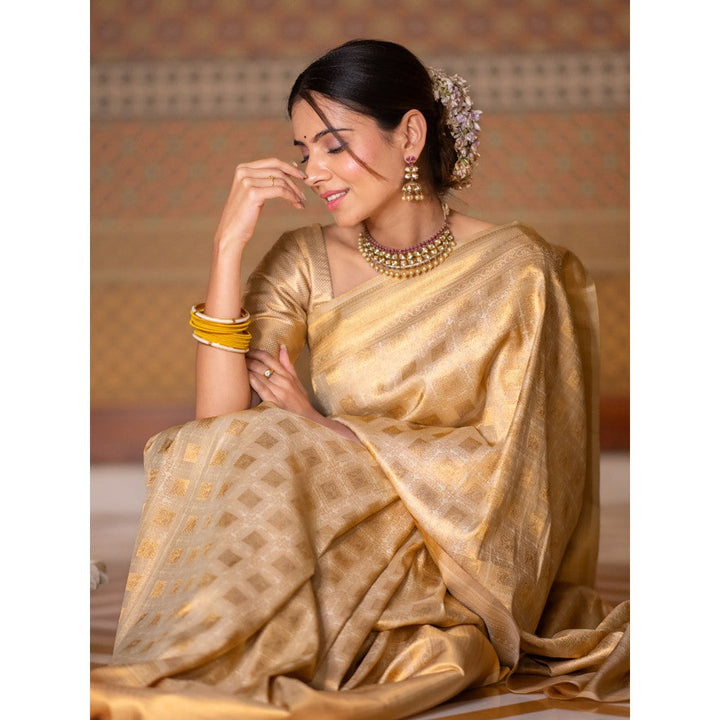 ZILIKAA Golden Special Kanjeevaram Silk Saree with Unstitched Blouse