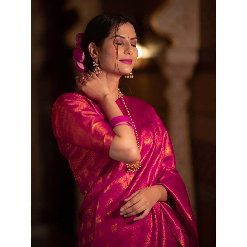 ZILIKAA Queen Magenta Kanjeevaram Silk Saree with Unstitched Blouse