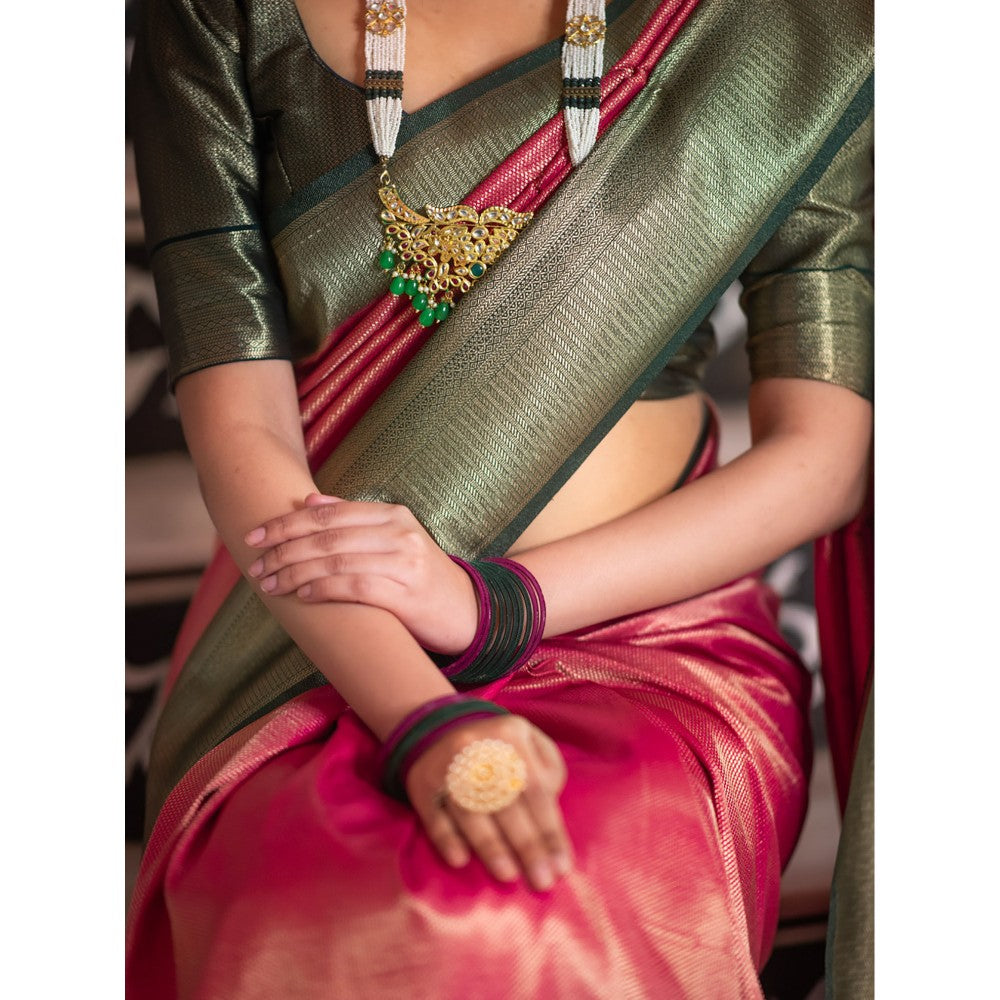 ZILIKAA Pink Kanchipuram Silk Saree with Unstitched Blouse