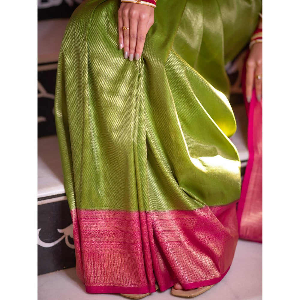 ZILIKAA Mehndi Green with Rani Kanchipuram Silk Saree with Unstitched Blouse
