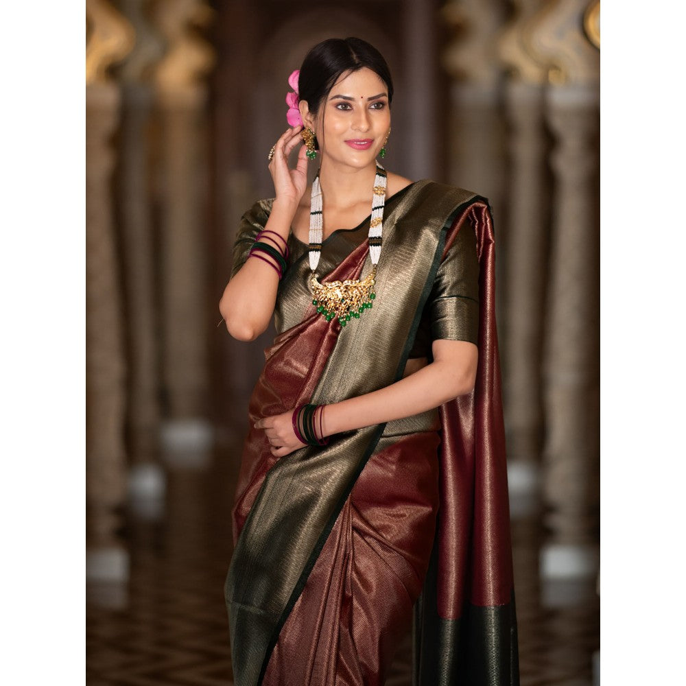 ZILIKAA Maroon with Bottle Green Kanchipuram Silk Saree with Unstitched Blouse