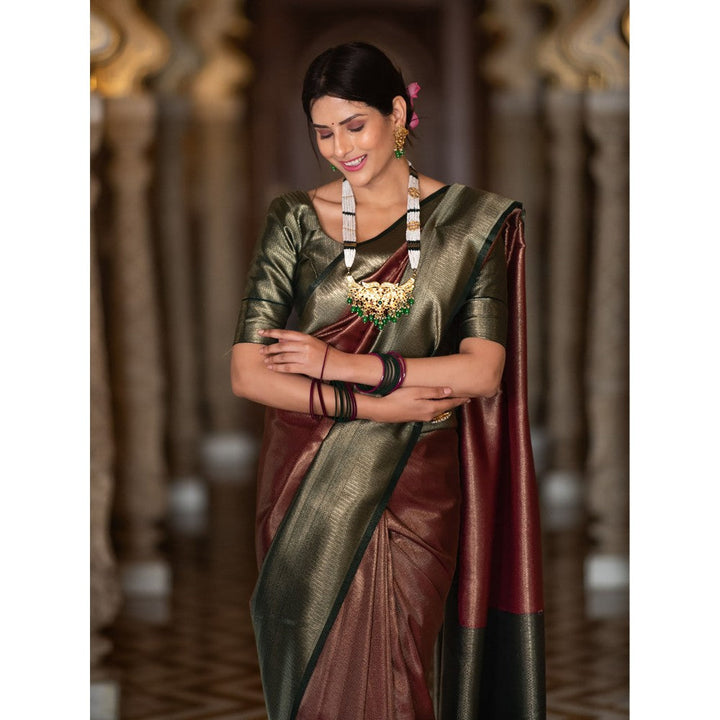 ZILIKAA Maroon with Bottle Green Kanchipuram Silk Saree with Unstitched Blouse