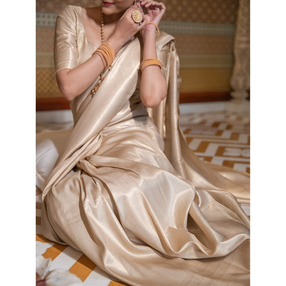 ZILIKAA Beige Kanchipuram Silk Saree with Unstitched Blouse