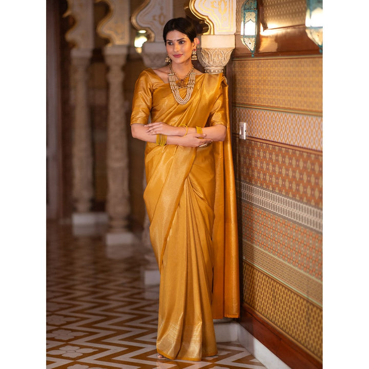 ZILIKAA Medallion Mustard Yellow Kanchipuram Silk Saree with Unstitched Blouse