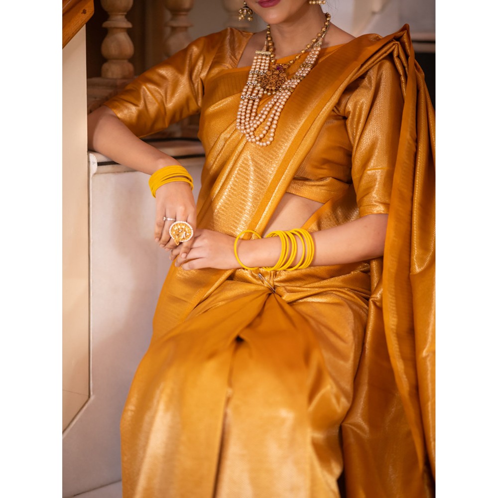 ZILIKAA Medallion Mustard Yellow Kanchipuram Silk Saree with Unstitched Blouse