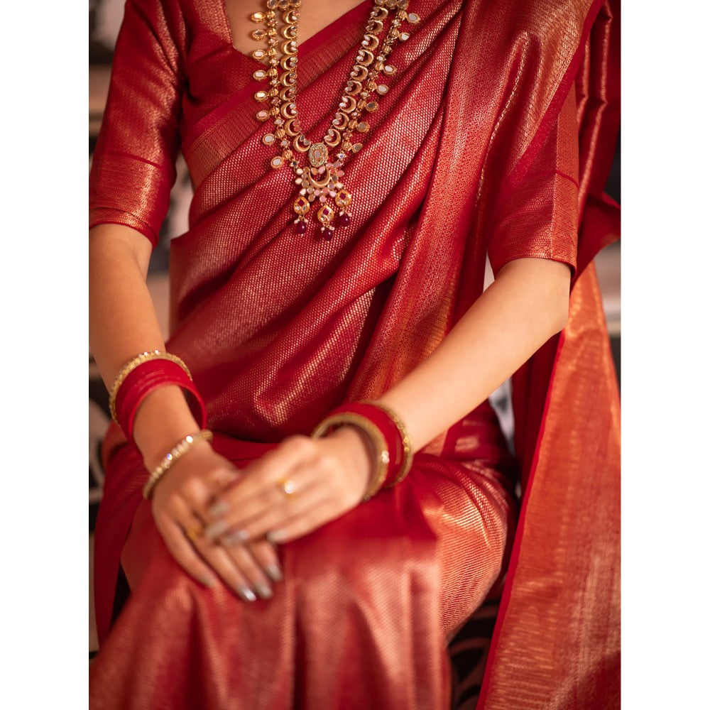 ZILIKAA Scarlet Red Kanchipuram Silk Saree with Unstitched Blouse