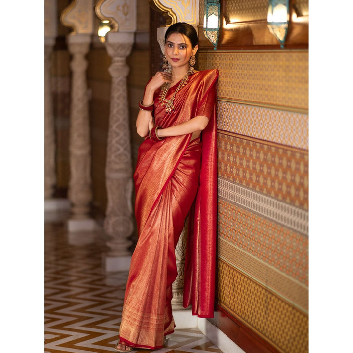 ZILIKAA Scarlet Red Kanchipuram Silk Saree with Unstitched Blouse