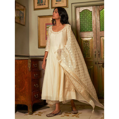 Zoon Ivory Chanderi Anarkali Kurta in with Pant and Dupatta (Set of 3)