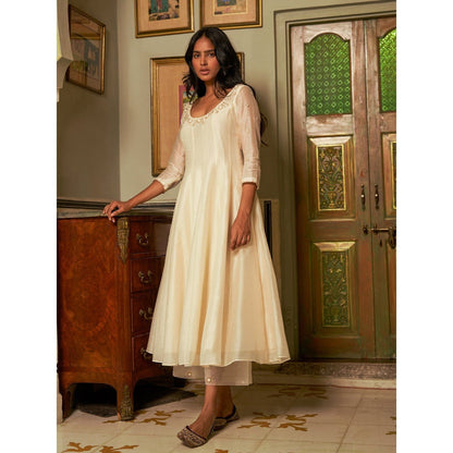 Zoon Ivory Chanderi Anarkali Kurta in with Pant and Dupatta (Set of 3)