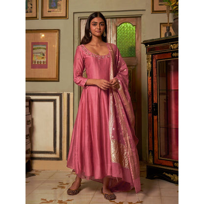 Zoon Pink Chanderi Embroidered Anarkali Kurta with Pant and Dupatta (Set of 3)