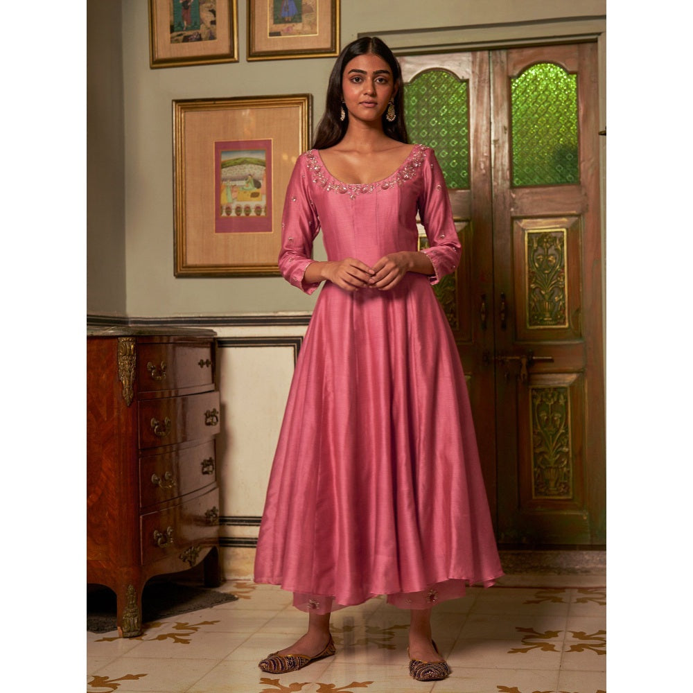 Zoon Pink Chanderi Embroidered Anarkali Kurta with Pant and Dupatta (Set of 3)