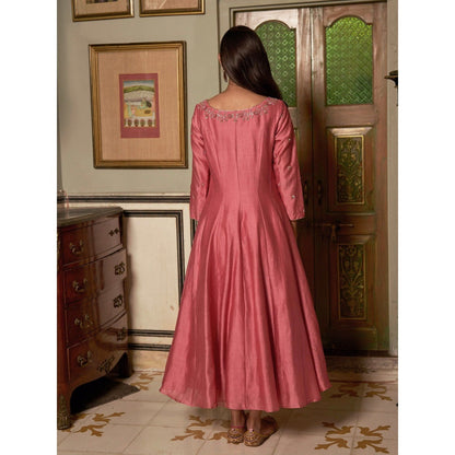 Zoon Pink Chanderi Embroidered Anarkali Kurta with Pant and Dupatta (Set of 3)